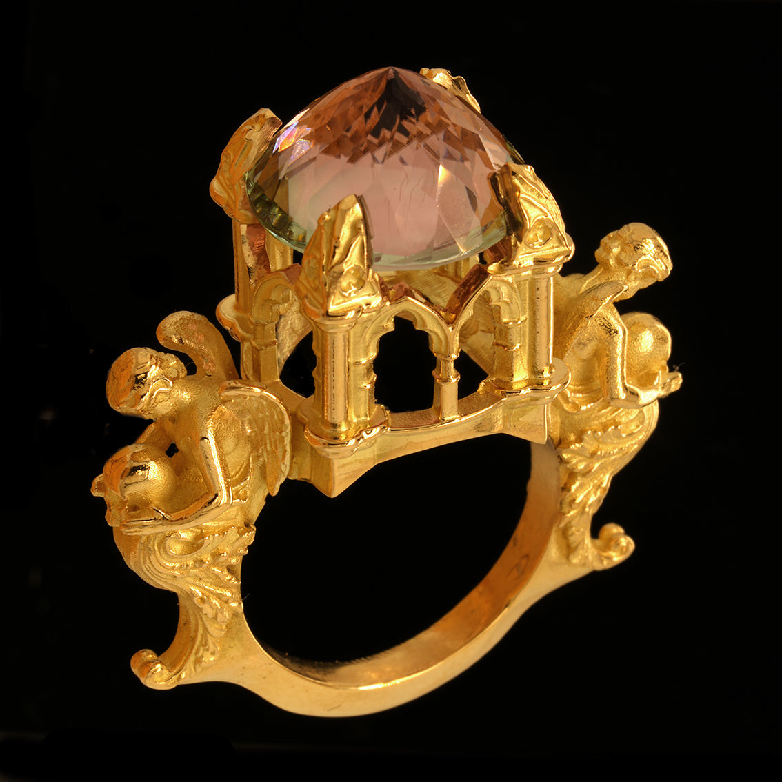 Gold ring with pink/green bi-colour tourmaline and angels 